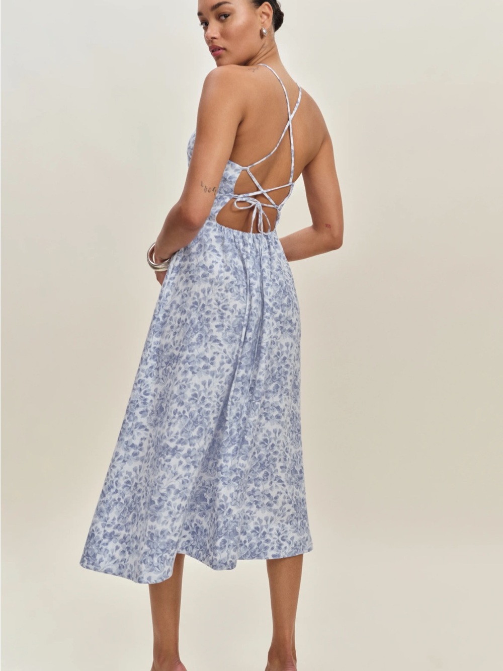 Reformation Yuliy Linen Dress - Blue Floral Lace-Up Back